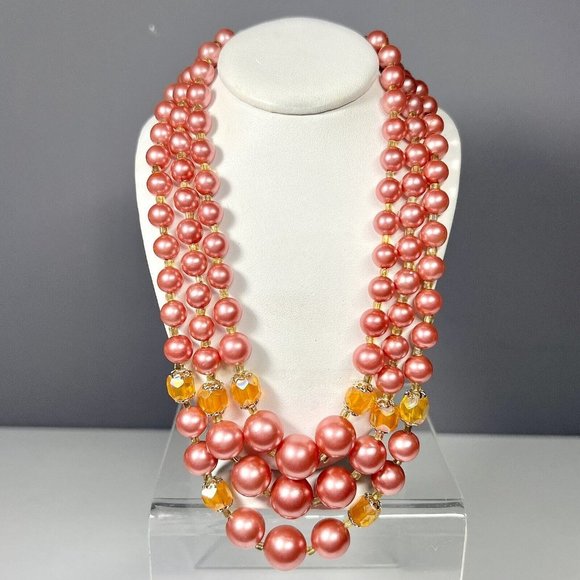 Jewelry - Vintage Pink Graduated Beaded and Orange Faceted Glass Three Strand Necklace